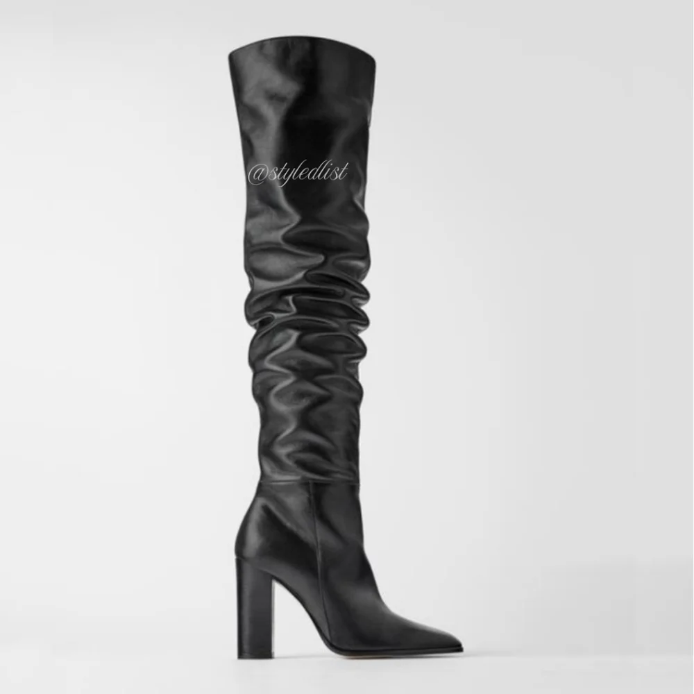 NEW Zara Over the Knee Heeled Leather Boots Black 37/7 NWT